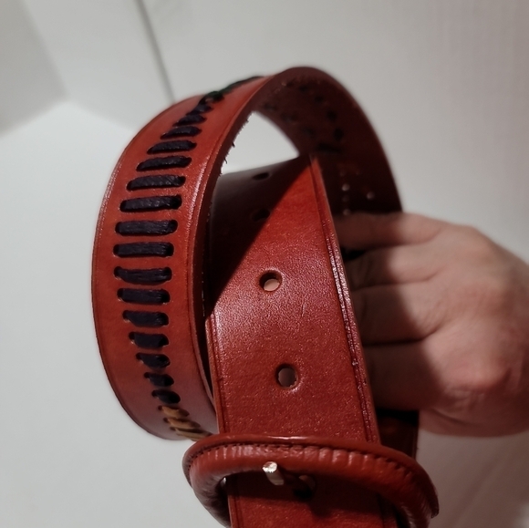 Vintage Leather Whipstitched Belt 30 Red Covered Buckle Western Boho - Picture 6 of 6